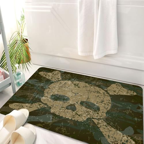 HKPOEQ Badematte Weiche Badteppich rutschfest Badzimmermatte Teppich Badezimmerteppich Duschmatte & Schlafzimmer,Totenkopf-Umrissstruktur auf Camouflage-Hintergrund, Warnung vor Gefahr,50x80 cm von HKPOEQ