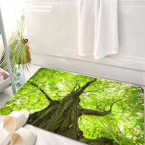 HKPOEQ Badematte Weiche Badteppich rutschfest Badzimmermatte Teppich Badezimmerteppich Duschmatte & Schlafzimmer,Tree Green Farm, Alter großer majestätischer Baum, Landschaft, Öko-Nationalpa,50x80 cm von HKPOEQ