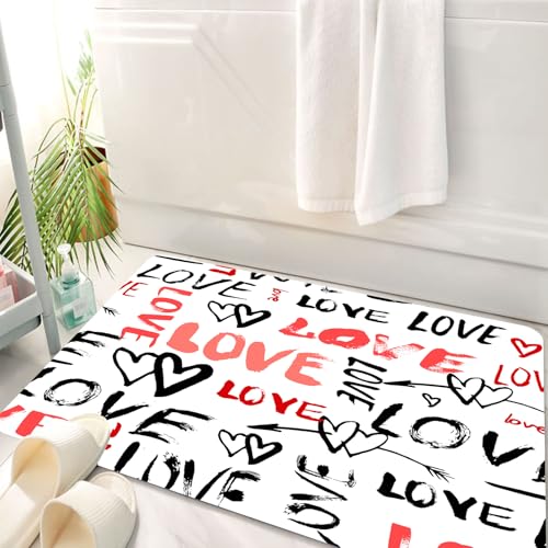 HKPOEQ Badematte Weiche Badteppich rutschfest Badzimmermatte Teppich Badezimmerteppich Duschmatte & Schlafzimmer,Valentinstag, handgezeichnetes Liebesschriftzug-Doodle-Stil-Design mit Pl 1,50x80 cm von HKPOEQ