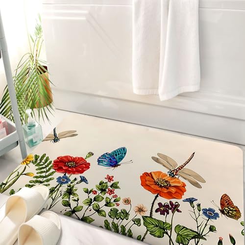 HKPOEQ Badematte Weiche Badteppich rutschfest Badzimmermatte Teppich Badezimmerteppich Duschmatte & Schlafzimmer,Vektor-senkrechte Grenze mit Libellen, Schmetterlingen, Blumen, Gras und Pfla,50x80 cm von HKPOEQ