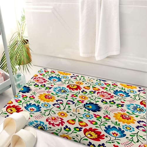 HKPOEQ Badematte Weiche Badteppich rutschfest Badzimmermatte Teppich Badezimmerteppich Duschmatte & Schlafzimmer,Vektornahtloses Hintergrundmuster. Bunte Blumen mit Gefieder in den Farben Or,50x80 cm von HKPOEQ