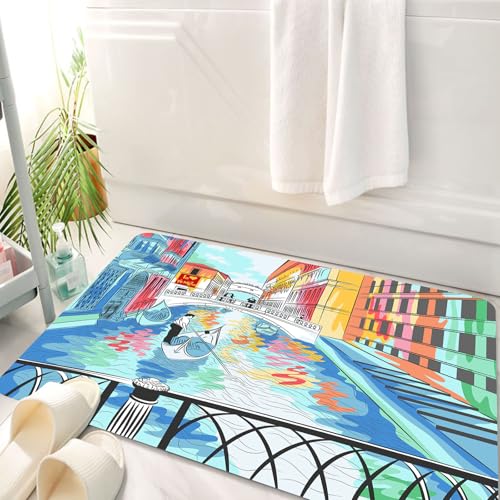 HKPOEQ Badematte Weiche Badteppich rutschfest Badzimmermatte Teppich Badezimmerteppich Duschmatte & Schlafzimmer,Venedig Farbenfrohe Landschaftsskizze der Seufzerbrücke in der künstlerischen,50x80 cm von HKPOEQ