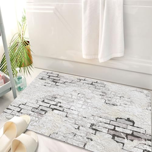 HKPOEQ Badematte Weiche Badteppich rutschfest Badzimmermatte Teppich Badezimmerteppich Duschmatte & Schlafzimmer,Verwitterte weiße Ziegelwandstruktur, gealterte und unebene Ziegelwände, Inne,50x80 cm von HKPOEQ