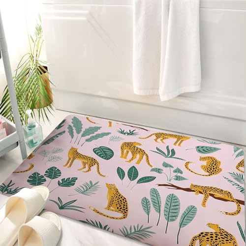HKPOEQ Badematte Weiche Badteppich rutschfest Badzimmermatte Teppich Badezimmerteppich Duschmatte & Schlafzimmer,Vestor nahtloses Muster mit Leoparden und tropischen Blättern. Trendiger Stil,50x80 cm von HKPOEQ