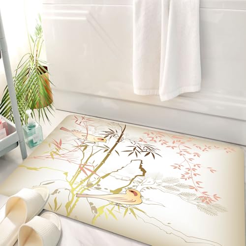 HKPOEQ Badematte Weiche Badteppich rutschfest Badzimmermatte Teppich Badezimmerteppich Duschmatte & Schlafzimmer,Vintage Bambus Dekor, Natur Bambus Blatt und Vogel Design Illustration Floral,50x80 cm von HKPOEQ