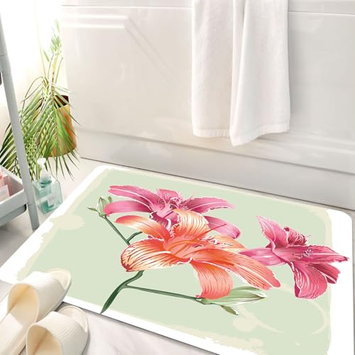HKPOEQ Badematte Weiche Badteppich rutschfest Badzimmermatte Teppich Badezimmerteppich Duschmatte & Schlafzimmer,Vintage Blumen, Lilienblüten auf Grunge-Hintergrund Gartenpflanzen Wachstum B,50x80 cm von HKPOEQ
