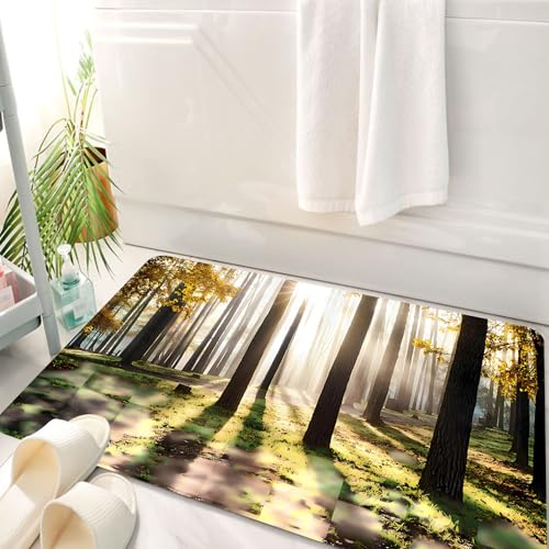 HKPOEQ Badematte Weiche Badteppich rutschfest Badzimmermatte Teppich Badezimmerteppich Duschmatte & Schlafzimmer,Wald, Sonnenlicht durchdringt den Nebel und beleuchtet hohe Bäume und goldene,50x80 cm von HKPOEQ