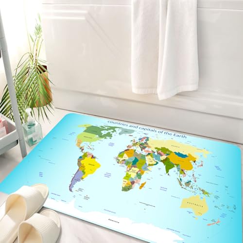 HKPOEQ Badematte Weiche Badteppich rutschfest Badzimmermatte Teppich Badezimmerteppich Duschmatte & Schlafzimmer,Wanderlust Dekor, Weltkarte mit Ländern und Hauptstädten der Erde mit Ozeanen,50x80 cm von HKPOEQ