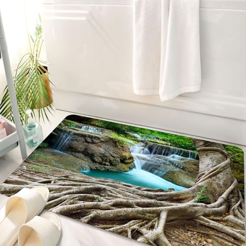 HKPOEQ Badematte Weiche Badteppich rutschfest Badzimmermatte Teppich Badezimmerteppich Duschmatte & Schlafzimmer,Wasserfall, alte Baumwurzeln und Wasserfalllandschaft im,50x80 cm von HKPOEQ