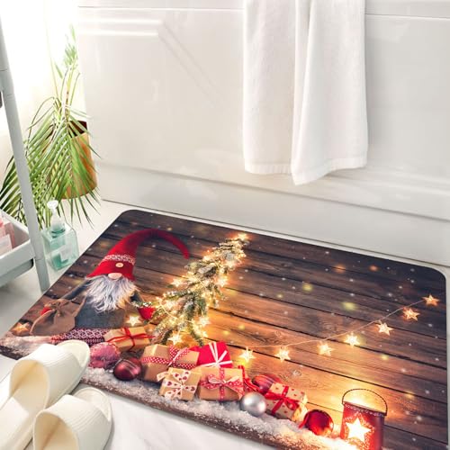 HKPOEQ Badematte Weiche Badteppich rutschfest Badzimmermatte Teppich Badezimmerteppich Duschmatte & Schlafzimmer,Weihnachtsmann oder Zwerg hält einen Tannenbaum mit Weihnachtsbeleuchtung, um,50x80 cm von HKPOEQ