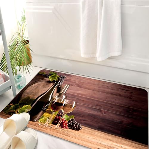 HKPOEQ Badematte Weiche Badteppich rutschfest Badzimmermatte Teppich Badezimmerteppich Duschmatte & Schlafzimmer,Weinflaschen, Gläser und Trauben, Wet mit Fässern und Holzhintergrund, Rot- u,50x80 cm von HKPOEQ