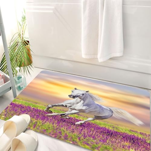 HKPOEQ Badematte Weiche Badteppich rutschfest Badzimmermatte Teppich Badezimmerteppich Duschmatte & Schlafzimmer,Weißes Pferd galoppiert durch Blumen gegen den Sonnenuntergangshimmel,50x80 cm von HKPOEQ