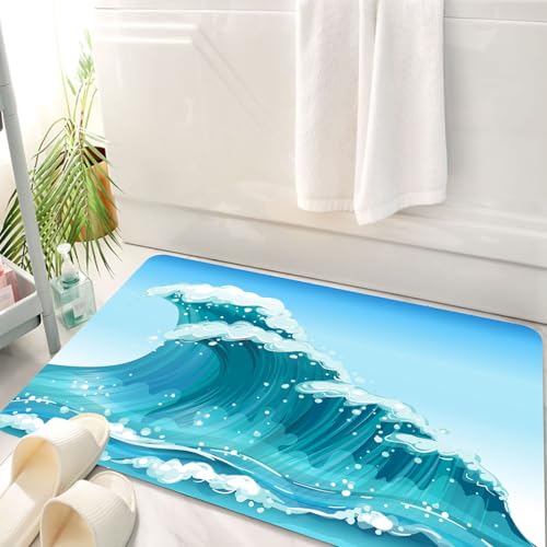 HKPOEQ Badematte Weiche Badteppich rutschfest Badzimmermatte Teppich Badezimmerteppich Duschmatte & Schlafzimmer,Welle, Cartoon-Stil Barreled Wave Tidal Curves Kunstwerk tagsüber auf Meeress,50x80 cm von HKPOEQ