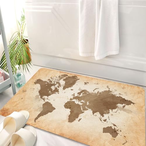 HKPOEQ Badematte Weiche Badteppich rutschfest Badzimmermatte Teppich Badezimmerteppich Duschmatte & Schlafzimmer,Weltkarte, Abbildung der Kontinente der Erde im Vintage-Stil,50x80 cm von HKPOEQ
