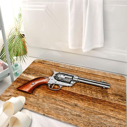 HKPOEQ Badematte Weiche Badteppich rutschfest Badzimmermatte Teppich Badezimmerteppich Duschmatte & Schlafzimmer,Western, Old Style Revolver Antik Six Shooter Gun Waff,50x80 cm von HKPOEQ