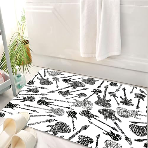 HKPOEQ Badematte Weiche Badteppich rutschfest Badzimmermatte Teppich Badezimmerteppich Duschmatte & Schlafzimmer,Wiederholen Sie das Design schwarzer Abstrakter E-Gitarrenformen auf weißem H,50x80 cm von HKPOEQ