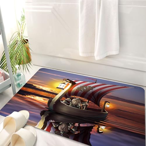 HKPOEQ Badematte Weiche Badteppich rutschfest Badzimmermatte Teppich Badezimmerteppich Duschmatte & Schlafzimmer,Wikinger segeln bei Sonnenuntergang, Wikinger-Steuermann kreuzt auf spiegelnd,50x80 cm von HKPOEQ