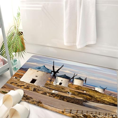HKPOEQ Badematte Weiche Badteppich rutschfest Badzimmermatte Teppich Badezimmerteppich Duschmatte & Schlafzimmer,Windmühlendekoration, mittelalterliche Windmühlen in Spanien in Consuegra, al,50x80 cm von HKPOEQ