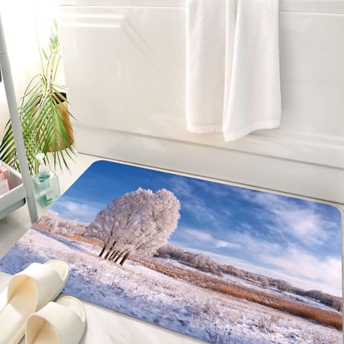 HKPOEQ Badematte Weiche Badteppich rutschfest Badzimmermatte Teppich Badezimmerteppich Duschmatte & Schlafzimmer,Winterlandschaft mit gefrorenem Baum im Feld und blauem Himmel mit Wolken,50x80 cm von HKPOEQ