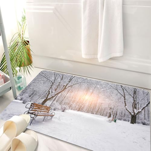 HKPOEQ Badematte Weiche Badteppich rutschfest Badzimmermatte Teppich Badezimmerteppich Duschmatte & Schlafzimmer,Winterpark, schneebedeckte Bäume und Bänke schaffen eine friedliche Szene im,50x80 cm von HKPOEQ