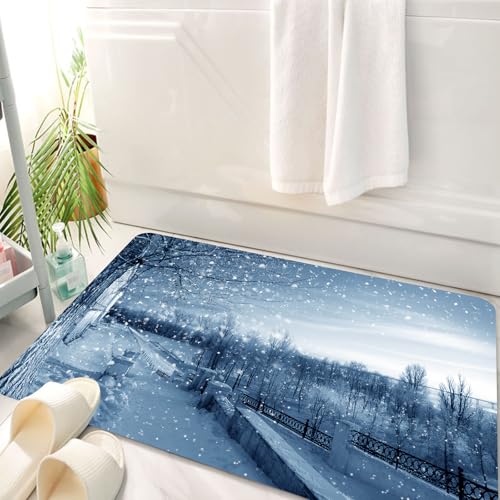 HKPOEQ Badematte Weiche Badteppich rutschfest Badzimmermatte Teppich Badezimmerteppich Duschmatte & Schlafzimmer,Winterschneeszene, eine kalte Szene mit fallenden Schneeflocken, Schnee, Bäum,50x80 cm von HKPOEQ