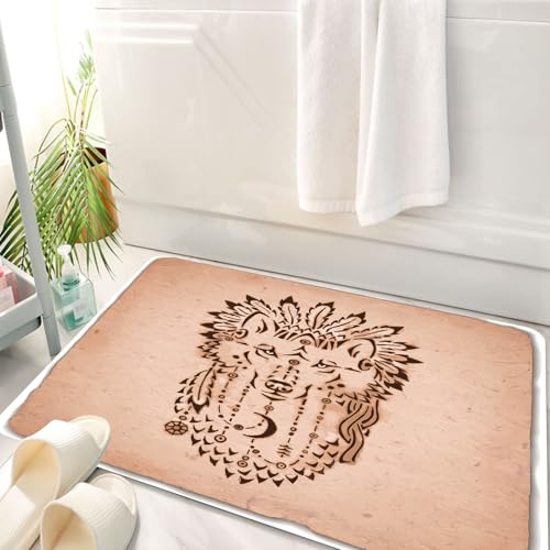 HKPOEQ Badematte Weiche Badteppich rutschfest Badzimmermatte Teppich Badezimmerteppich Duschmatte & Schlafzimmer,Wolf, Tierzeichnung im ethnischen Stil auf Einer dekorativen Kriegshaube, ins,50x80 cm von HKPOEQ