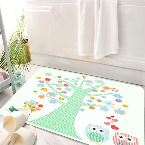 HKPOEQ Badematte Weiche Badteppich rutschfest Badzimmermatte Teppich Badezimmerteppich Duschmatte & Schlafzimmer,Wunderliche Florale Baumszene mit Blumen, süßer Eule und einem süßen Vogel,50x80 cm von HKPOEQ