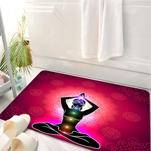HKPOEQ Badematte Weiche Badteppich rutschfest Badzimmermatte Teppich Badezimmerteppich Duschmatte & Schlafzimmer,Yoga-Kunst, eine Frau in Meditationspose, mit lebendigen Chakra-Farben auf de,50x80 cm von HKPOEQ
