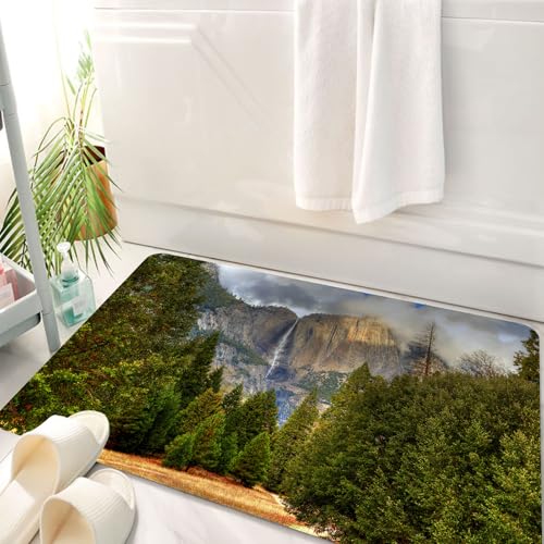 HKPOEQ Badematte Weiche Badteppich rutschfest Badzimmermatte Teppich Badezimmerteppich Duschmatte & Schlafzimmer,Yosemite, Yosemite Falls immergrünen Wald Herbst Saison Landschaft Yosemite N,50x80 cm von HKPOEQ
