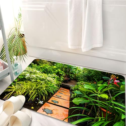 HKPOEQ Badematte Weiche Badteppich rutschfest Badzimmermatte Teppich Badezimmerteppich Duschmatte & Schlafzimmer,Zen-Garten, üppiger Garten mit tropischen Pflanzen und Holzpfad-Thema,50x80 cm von HKPOEQ