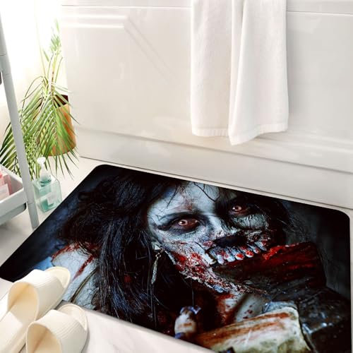 HKPOEQ Badematte Weiche Badteppich rutschfest Badzimmermatte Teppich Badezimmerteppich Duschmatte & Schlafzimmer,Zombie-Dekor, gruselige Tote Frau mit blutiger Axt, böse Fantasie, Gothic-MYS,50x80 cm von HKPOEQ