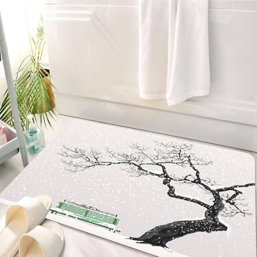 HKPOEQ Badematte Weiche Badteppich rutschfest Badzimmermatte Teppich Badezimmerteppich Duschmatte & Schlafzimmer,einsamer Baum und frostbedeckte grüne Bank unter fallendem Schnee,50x80 cm von HKPOEQ