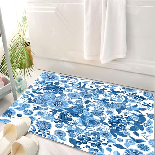 HKPOEQ Badematte Weiche Badteppich rutschfest Badzimmermatte Teppich Badezimmerteppich Duschmatte & Schlafzimmer,komplexes Design auf weißem Hintergrund mit blauen Blumen, Blättern und einem,50x80 cm von HKPOEQ