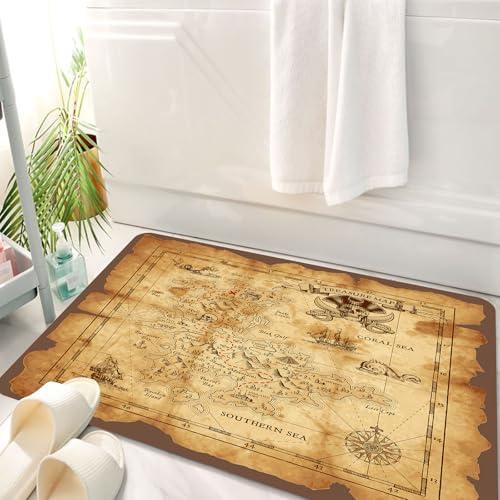 HKPOEQ Badematte Weiche Badteppich rutschfest Badzimmermatte Teppich Badezimmerteppich Duschmatte & Schlafzimmer,lkarten-Set, sehr detaillierte, Grungy, rustikale Piraten-Goldschatzkarte, Ge,50x80 cm von HKPOEQ