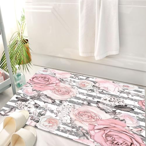 HKPOEQ Badematte Weiche Badteppich rutschfest Badzimmermatte Teppich Badezimmerteppich Duschmatte & Schlafzimmer,mit rosa Blüten und Blättern auf grauem Hintergrund mit Streifen. Aquarell-Bl,50x80 cm von HKPOEQ