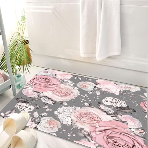 HKPOEQ Badematte Weiche Badteppich rutschfest Badzimmermatte Teppich Badezimmerteppich Duschmatte & Schlafzimmer,mit rosa Blüten und Blättern auf grauem Hintergrund. Blumenmuster, Blume, Ros,50x80 cm von HKPOEQ