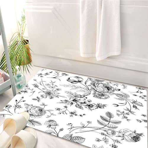 HKPOEQ Badematte Weiche Badteppich rutschfest Badzimmermatte Teppich Badezimmerteppich Duschmatte & Schlafzimmer,mit viktorianischem Strauß schwarzer Blumen auf weißem Hintergrund. Gartenros,50x80 cm von HKPOEQ