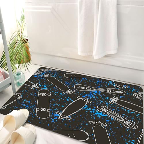 HKPOEQ Badematte Weiche Badteppich rutschfest Badzimmermatte Teppich Badezimmerteppich Duschmatte & Schlafzimmer,weißes Kontur-Cartoon-Skateboard für Jungen und Mädchen auf Blob-verziertem H,50x80 cm von HKPOEQ
