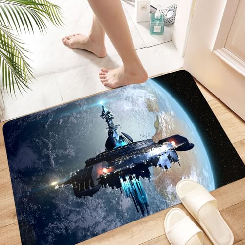HKPOEQ Super Absorbierende Badezimmerteppich Waschbar Schnelltrocknende Badvorleger Duschvorleger für Badezimmer,Außerirdisches Mutterschiff in der Nähe der Erde für futuristische Fantasy-,60x100 cm von HKPOEQ