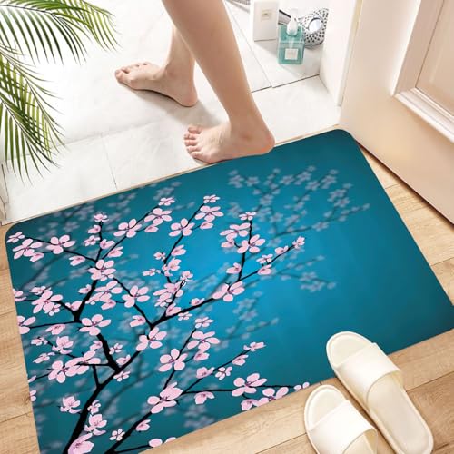HKPOEQ Super Absorbierende Badezimmerteppich Waschbar Schnelltrocknende Badvorleger Duschvorleger für Badezimmer,Blaugrüne rosa Blüten von Blättern und Pflanzen Frühling japanische Sakura-B,60x100 cm von HKPOEQ