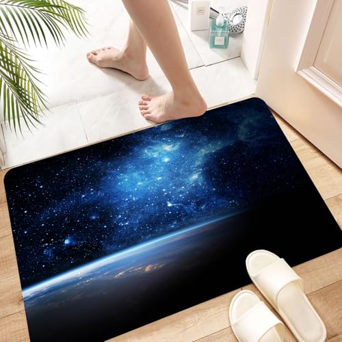 HKPOEQ Super Absorbierende Badezimmerteppich Waschbar Schnelltrocknende Badvorleger Duschvorleger für Badezimmer,Die Erde unter Einer glitzernd blauen Galaxie in den Weiten des Weltraums,60x100 cm von HKPOEQ