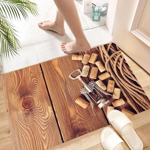 HKPOEQ Super Absorbierende Badezimmerteppich Waschbar Schnelltrocknende Badvorleger Duschvorleger für Badezimmer,Flaschenöffner und Weinkorken auf verwitterter Holzoberfläche mit gedrehtem,60x100 cm von HKPOEQ