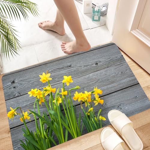 HKPOEQ Super Absorbierende Badezimmerteppich Waschbar Schnelltrocknende Badvorleger Duschvorleger für Badezimmer,Gelbe Blume, Strauß Narzissen auf Holzbrettern im rustikalen Garten,60x100 cm von HKPOEQ