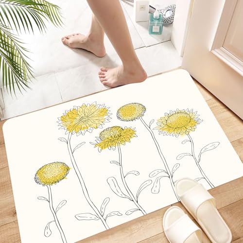 HKPOEQ Super Absorbierende Badezimmerteppich Waschbar Schnelltrocknende Badvorleger Duschvorleger für Badezimmer,Gelbe Blume, handgezeichnete Sonnenblume auf Zweigen Blütenblatt,60x100 cm von HKPOEQ