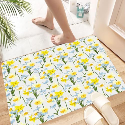 HKPOEQ Super Absorbierende Badezimmerteppich Waschbar Schnelltrocknende Badvorleger Duschvorleger für Badezimmer,Gelbe Narzissen und Blaue Blumen, Wiederholungsmuster auf weißem Hintergrund,60x100 cm von HKPOEQ