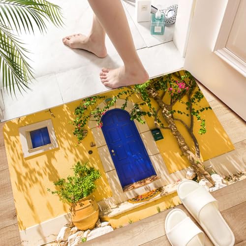 HKPOEQ Super Absorbierende Badezimmerteppich Waschbar Schnelltrocknende Badvorleger Duschvorleger für Badezimmer,Gelbe und Blaue traditionelle griechische Tür mit Blumen und Bäumen im medit,60x100 cm von HKPOEQ