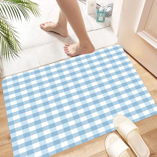 HKPOEQ Super Absorbierende Badezimmerteppich Waschbar Schnelltrocknende Badvorleger Duschvorleger für Badezimmer,Gitter, hellblaues und weißes Gitterdesign im Wiederholungsstil,60x100 cm von HKPOEQ