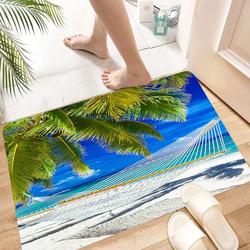 HKPOEQ Super Absorbierende Badezimmerteppich Waschbar Schnelltrocknende Badvorleger Duschvorleger für Badezimmer,Hängematte unter Kokospalmen am tropischen Strand, Entspannen Sie Sich in de,60x100 cm von HKPOEQ