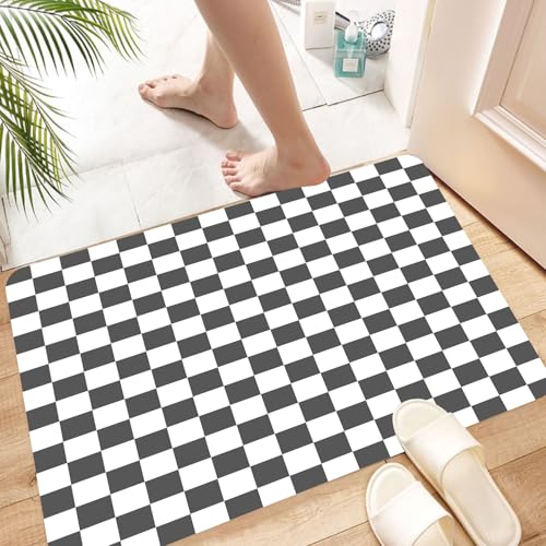 HKPOEQ Super Absorbierende Badezimmerteppich Waschbar Schnelltrocknende Badvorleger Duschvorleger für Badezimmer,Karierte, Monochrome Komposition mit klassischem Schachbrett,60x100 cm von HKPOEQ