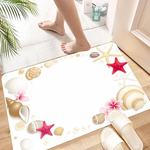 HKPOEQ Super Absorbierende Badezimmerteppich Waschbar Schnelltrocknende Badvorleger Duschvorleger für Badezimmer,Muscheln, Seesterne und Blumenküsten, Strand mit Meereselementen und Blumen,60x100 cm von HKPOEQ